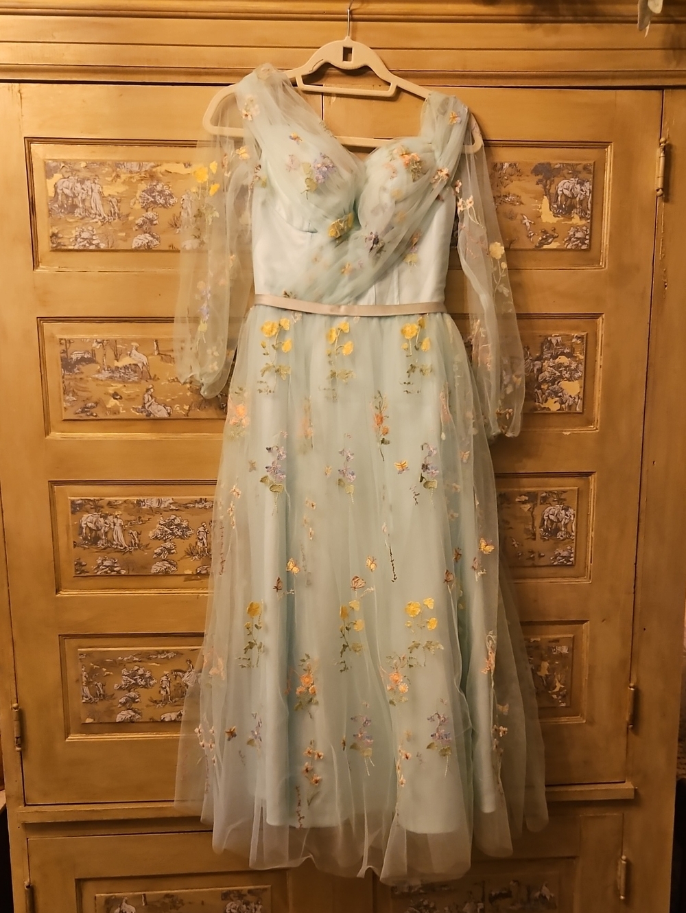 Light Blue Floral Tulle Midi Dress with Sheer Sleeves